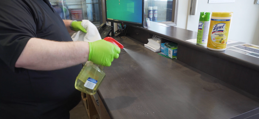 Cleaning of the front counter in an auto glass shop